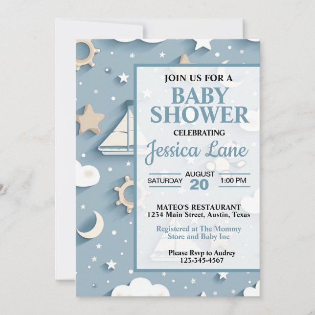 Invitation Cute Pastel Blue Boy Baby shower nautique (Devant)