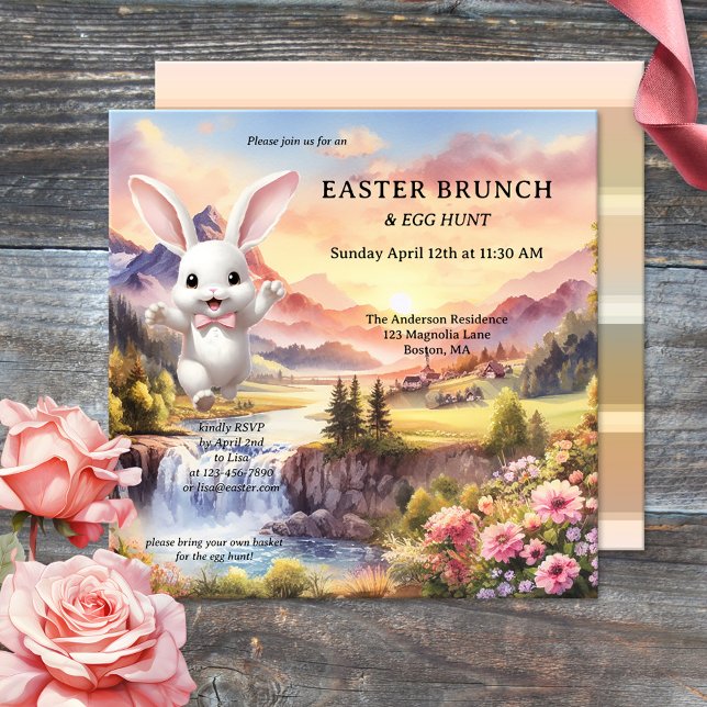 Invitation Cute Pastel Bunny Chasse aux oeufs de Pâques Brunc (Easter brunch and egg hunt invitation featuring a pastel landscape painting with a happy bunny)