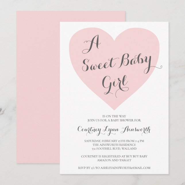 Invitation Cute Pastel Coeur rose Doux Bébé Baby shower fille (Devant / Derrière)