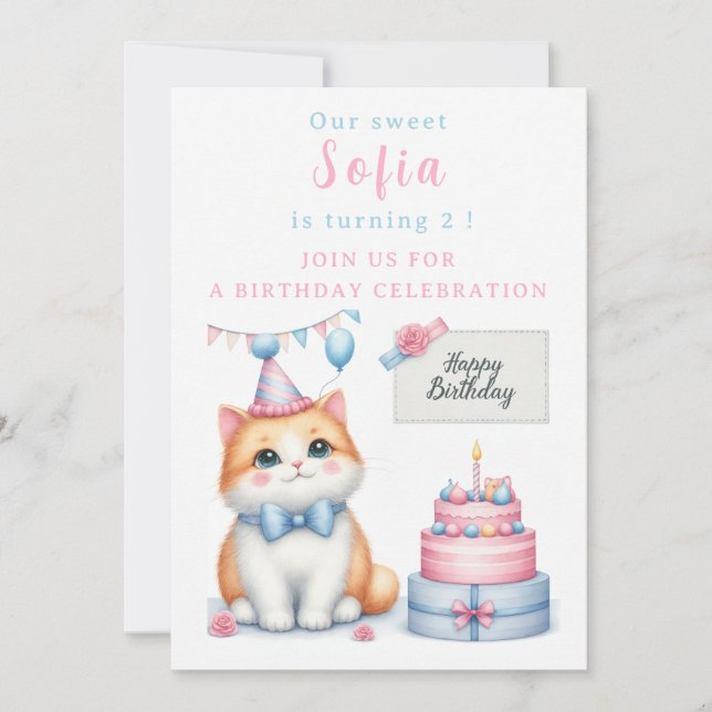 Invitation Cute Pastel Kitten Gâteau d'anniversaire - - Anniv (Devant)