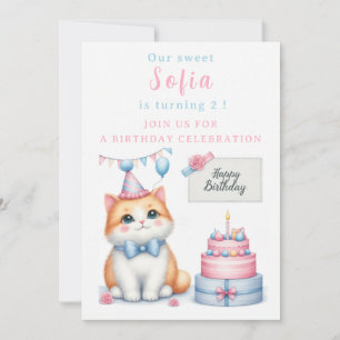 Invitation Cute Pastel Kitten Gâteau d'anniversaire - - Anniv