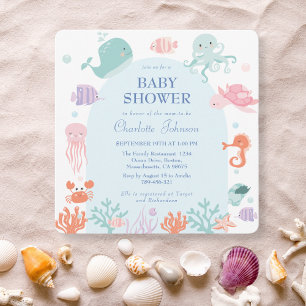 Invitation Cute Pastel Ocean Friends Baby shower bleu