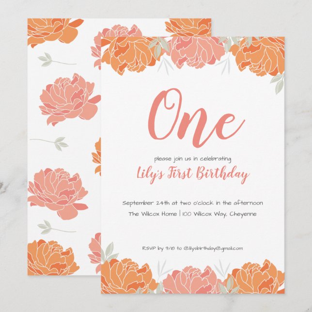 Invitation Cute Pastel Peonies Baby Girl's 1st Birthday Party (Devant / Derrière)