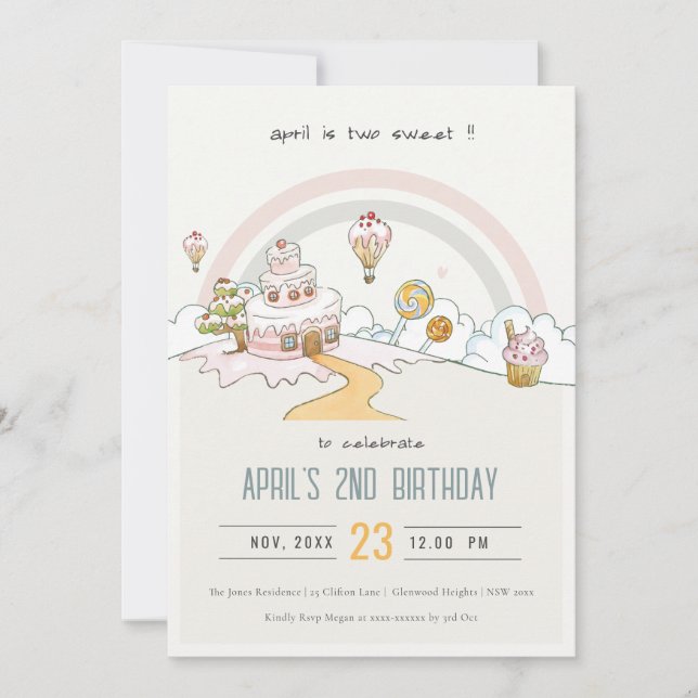 Invitation Cute Pastel Two Sweet Candy Land 2e anniversaire (Devant)