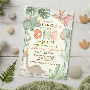 Invitation Cute Pastel Vert Dinosaur One-A-Sauraus Anniversai