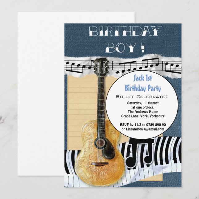 Invitation Cute Personnalisée 1er anniversaire Boy Party Guit (Devant / Derrière)