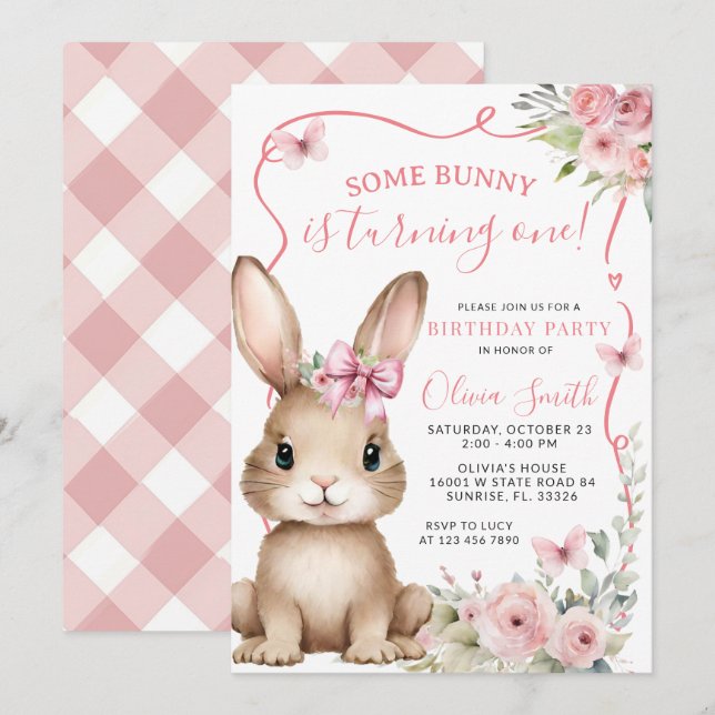 Invitation Cute Petit Lapin Lapin Premier Anniversaire Invita (Devant / Derrière)