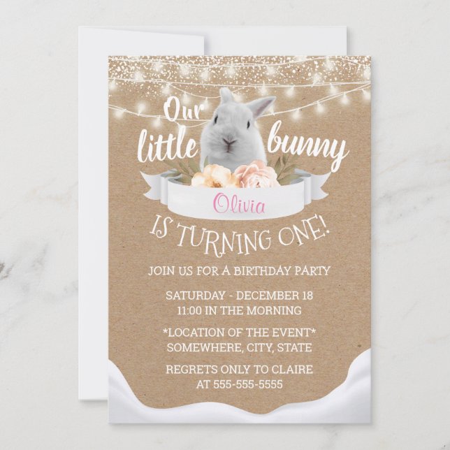 Invitation Cute Petit Lapin Rustique Kraft Premier Anniversai (Devant)