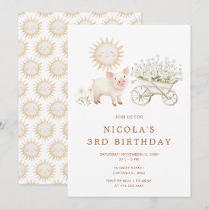 Invitation Cute Pig Wheelbarrow fête d'anniversaire
