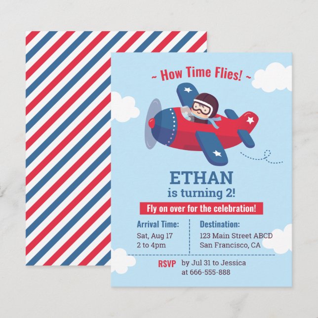 Invitation Cute pilote hélice avion Boys fête d'anniversaire (Devant / Derrière)