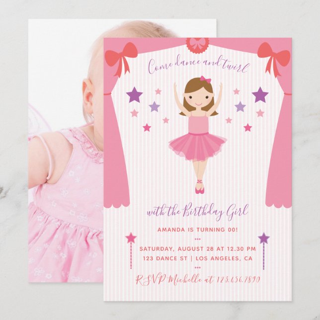 Invitation Cute Pink Ballerina Anniversaire ajouter photo Inv (Devant / Derrière)
