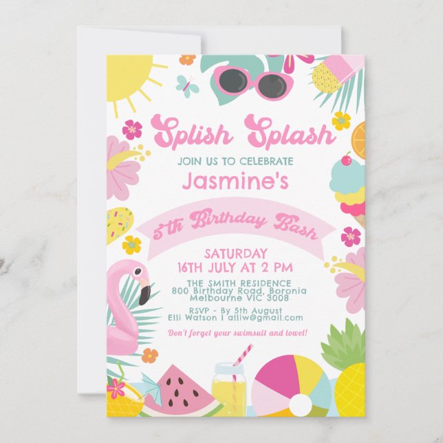Invitation Cute Pink Banner Retro Splish Splash 5th Birthday (Devant)