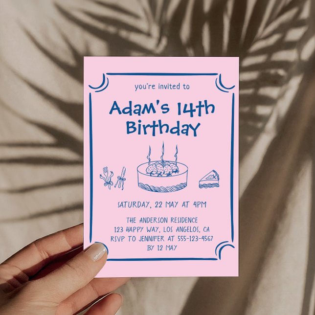 Invitation Cute Pink Hand-Drawn Cake 14th Birthday Party    (Créateur téléchargé)