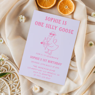 Invitation Cute Pink & Purple Silly Goose 1st Birthday