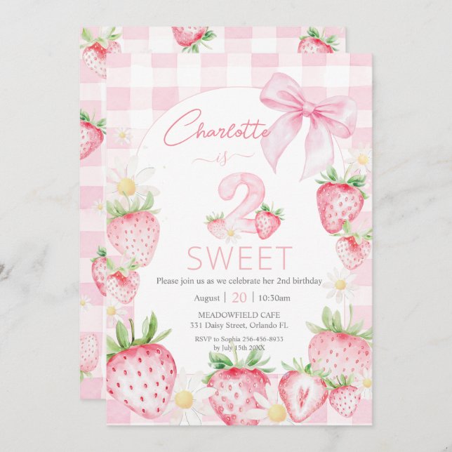 Invitation Cute Pink Strawberries Berry 2nd Second Birthday (Devant / Derrière)