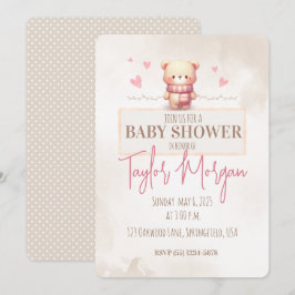 Invitation Cute Pink Teddy Bear Baby Shower