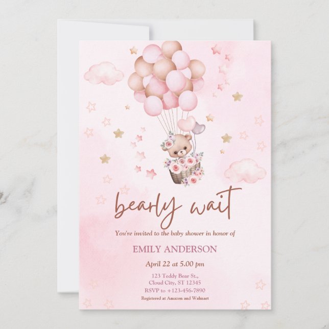 Invitation Cute Pink Teddy Bear Balloon Girl Baby Shower (Devant)