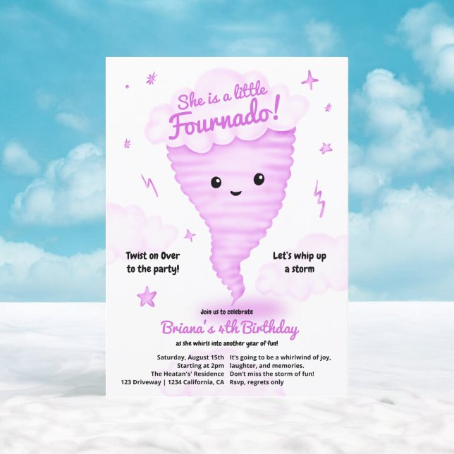 Invitation Cute Pink Tornado Thématique 4ème anniversaire Fêt (Cute Pink Tornado Themed 4th Birthday Kids party Invitation)