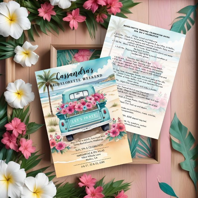 Invitation Cute Pink Turquoise Floral Van Beach Bachelorette (Cute Pink & Turquoise Floral Van in Beach Bachelorette Weekend Invitations Cards and Plans.)
