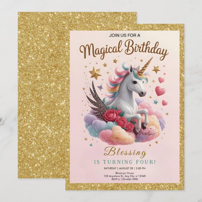 Invitation Cute Pink Unicorn Birthday (Devant / Derrière)