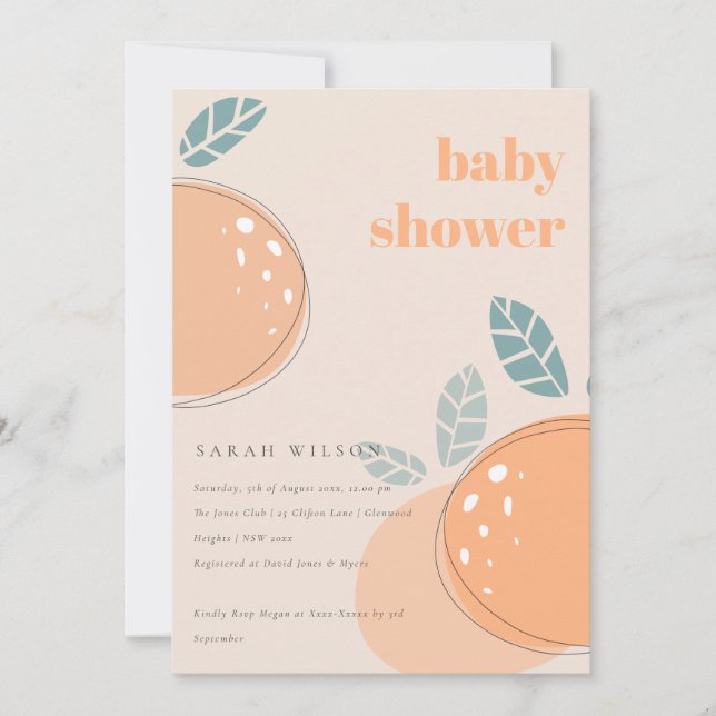 Invitation Cute Poche Blush Orange Fruit Baby shower Gras (Devant)