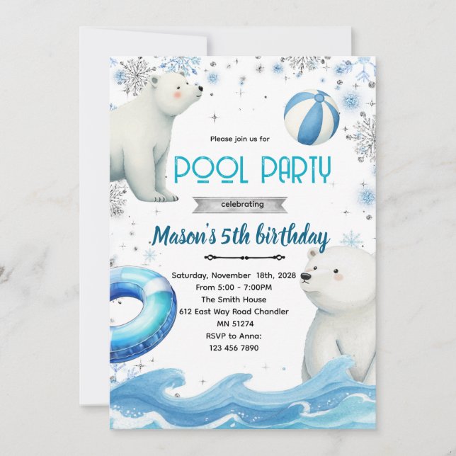 Invitation Cute polar bear winter pool theme invite (Devant)