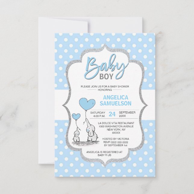 Invitation Cute Polka Dot Blue Grey Elephant Baby shower GARY (Devant)