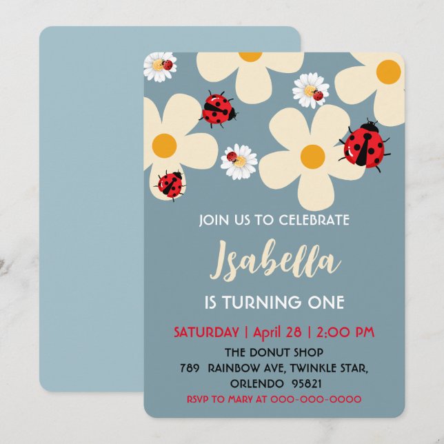 Invitation Cute Polka dot Ladybug Daisy Flower 1er anniversai (Devant / Derrière)