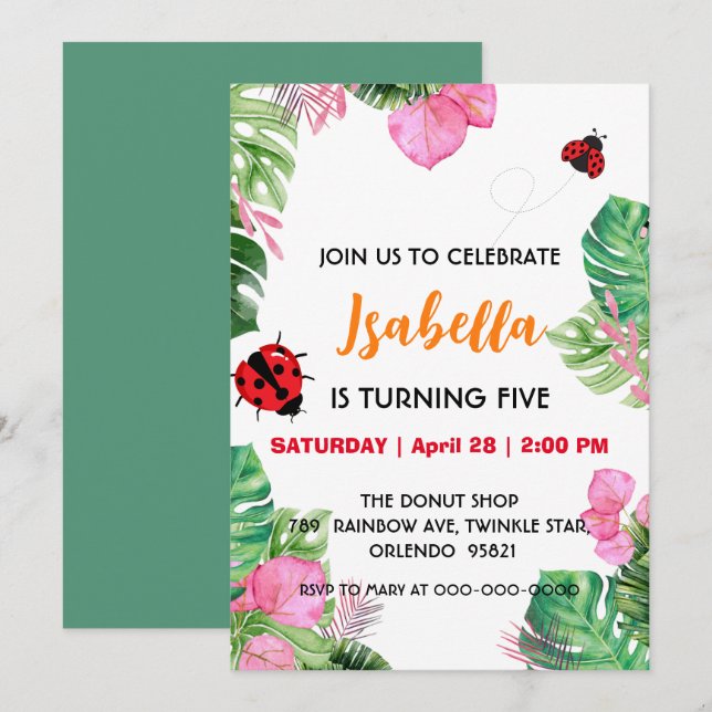 Invitation Cute Polka dot Ladybug été rose Fleur Anniversaire (Devant / Derrière)