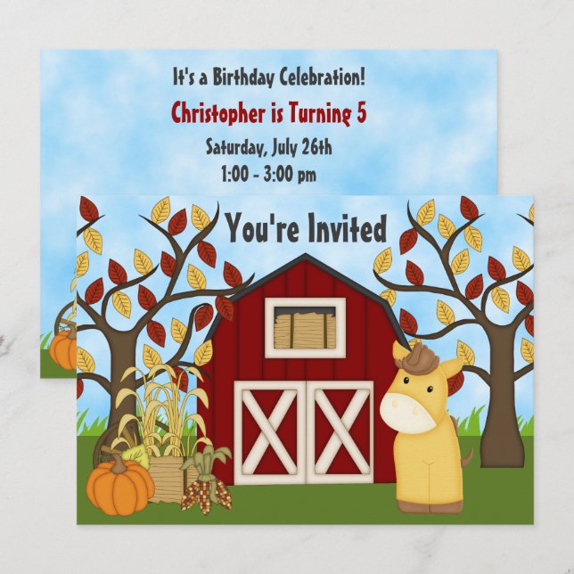 Invitation Cute Pony et Red Barn Automne Cheval Anniversaire (Devant / Derrière)
