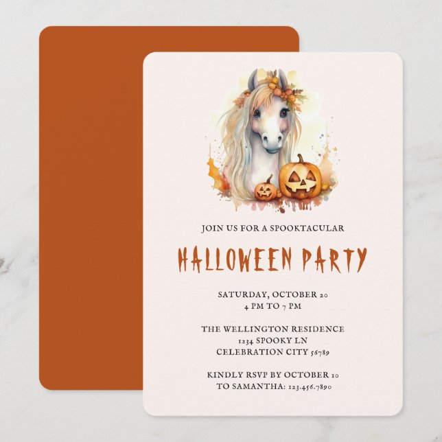 Invitation Cute Pony Orange Citrouille Famille Halloween (Devant / Derrière)