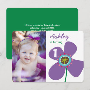 Invitation Cute Purple Daisy Pop Chic Photo Girl 1er annivers