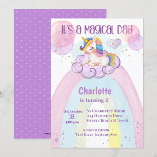 Invitation Cute Purple Unicorn 2e Anniversaire Rainbow