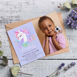 Invitation Cute Purple Unicorn Tous les âges Photo Anniversai
