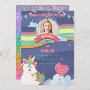 Invitation Cute Rainbow Ajouter Photo Unicorn Anniversaire In