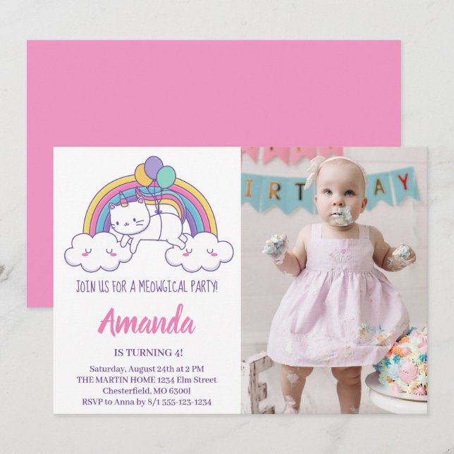 Invitation Cute Rainbow Caticorn Anniversaire Photo Invitatio (Devant / Derrière)