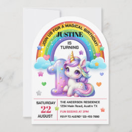 Invitation Cute Rainbow et Unicorn 1er anniversaire
