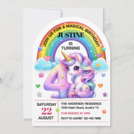 Invitation Cute Rainbow et Unicorn 4e fête d'anniversaire