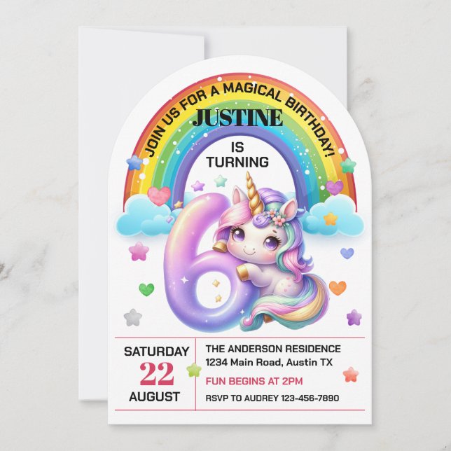 Invitation Cute Rainbow et Unicorn 6e fête d'anniversaire (Devant)