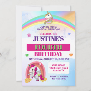 Invitation Cute Rainbow et Unicorn N'importe quel âge fête d'