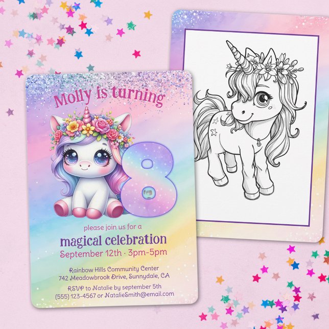Invitation Cute Rainbow Unicorn 8e anniversaire magique (Créateur téléchargé)