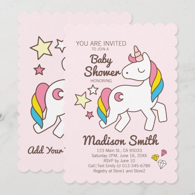 Invitation Cute Rainbow Unicorn et Stars Diamond Baby shower (Devant / Derrière)