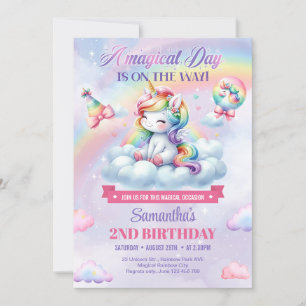 Invitation Cute Rainbow Unicorn sur les filles nuageuses 2e a