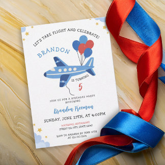 Invitation Cute Red & Blue Airplane Balloon 5th Birthday