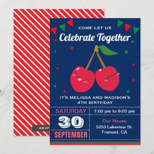 Invitation Cute Red Cherries Twins Anniversaire Fête Invitati