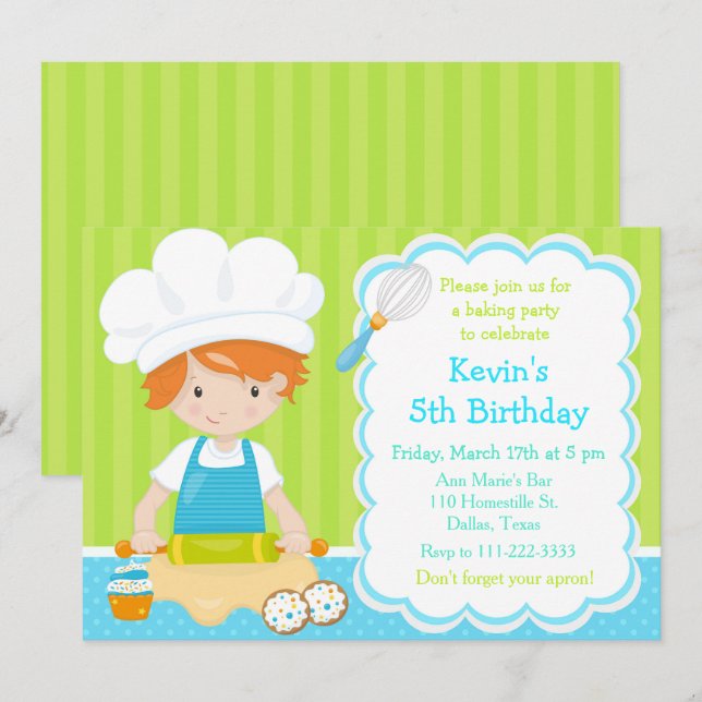 Invitation Cute Red Hair Boy Baking Anniversaire (Devant / Derrière)
