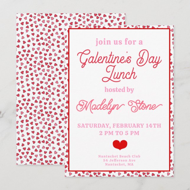 Invitation Cute Red & Rose Hearts Déjeuner de la Saint-Galent (Devant / Derrière)