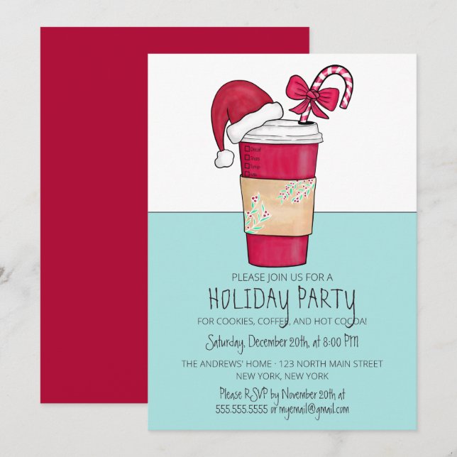 Invitation Cute Red Santa Hat Sucre de canne de café (Devant / Derrière)
