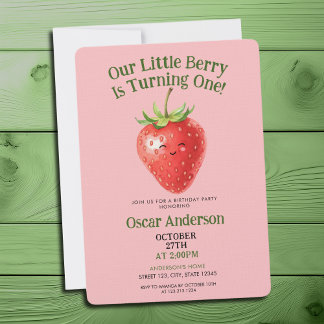 Invitation Cute Red Watercolor Strawberry First Birthday