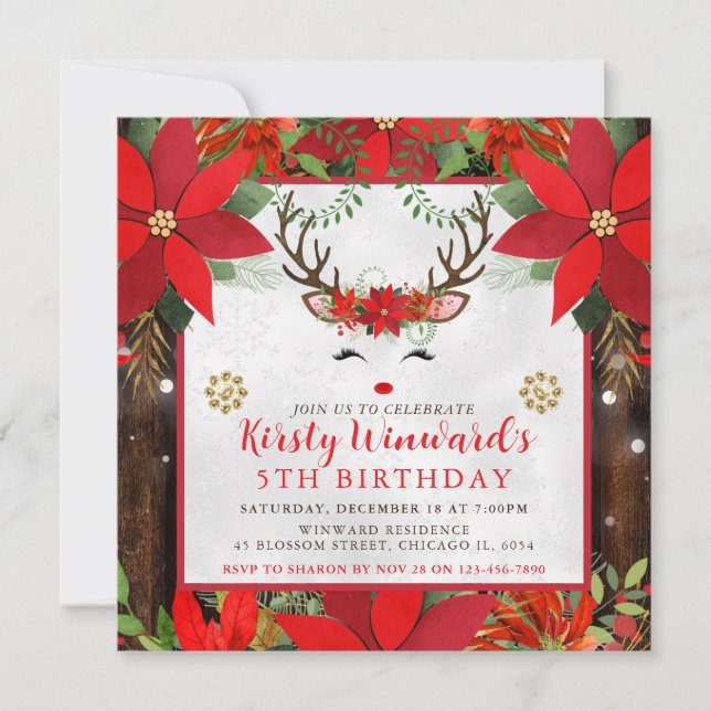 Invitation Cute Reindeer Christmas Poinsettia 5th Birthday (Devant)